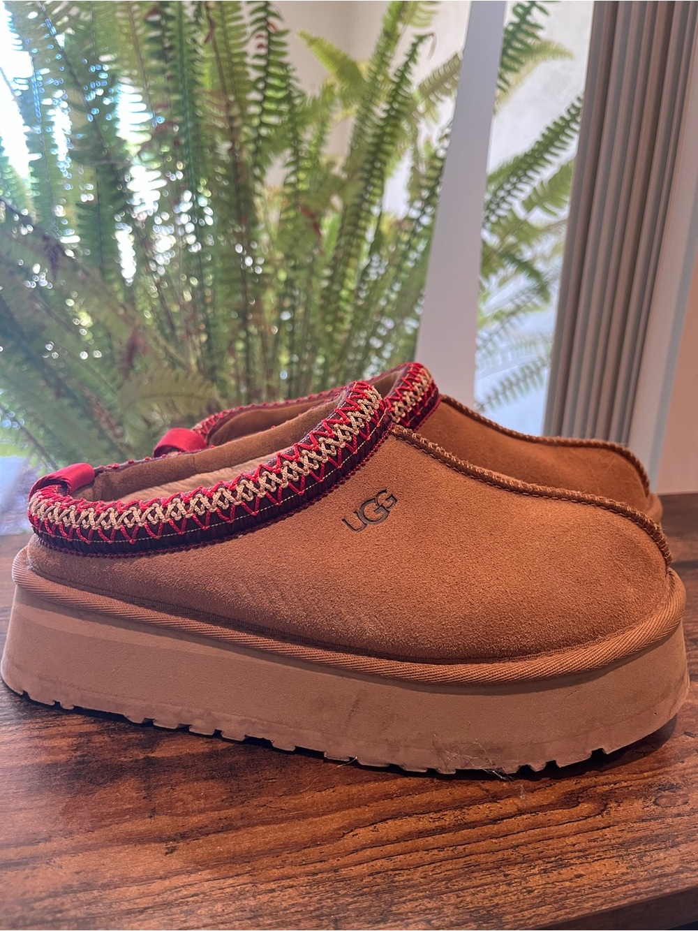UGG Chestnut Suede Clog Mules with Red Accent
